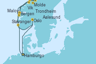 Visitando Hamburgo (Alemania), Bergen (Noruega), Molde (Noruega), Trondheim (Noruega), Aalesund (Noruega), Maloy (Noruega), Vik (Noruega), Stavanger (Noruega), Oslo (Noruega), Oslo (Noruega), Hamburgo (Alemania), Hamburgo (Alemania)
