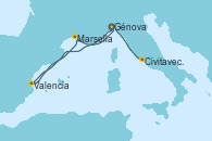 Visitando Génova (Italia), Valencia, Marsella (Francia), Génova (Italia), Civitavecchia (Roma)