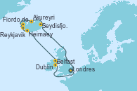 Visitando Londres (Reino Unido), Seydisfjordur (Islandia), Akureyri (Islandia), Fiordo de Grundar (Islandia), Reykjavik (Islandia), Heimaey (Islas Westmann/Islandia), Belfast (Irlanda), Dublin (Irlanda), Londres (Reino Unido)