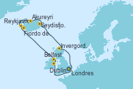 Visitando Londres (Reino Unido), Dublin (Irlanda), Belfast (Irlanda), Reykjavik (Islandia), Fiordo de Grundar (Islandia), Akureyri (Islandia), Seydisfjordur (Islandia), Invergordon (Escocia), Londres (Reino Unido)