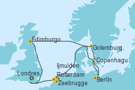 Visitando Londres (Reino Unido), Zeebrugge (Bruselas), Rotterdam (Holanda), Ijmuiden (Ámsterdam), Gotemburgo (Suecia), Copenhague (Dinamarca), Berlín (Alemania), Edimburgo (Escocia), Londres (Reino Unido)