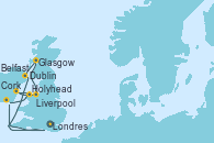 Visitando Londres (Reino Unido), Cork (Irlanda), Holyhead (Gales/Reino Unido), Dublin (Irlanda), Liverpool (Reino Unido), Glasgow (Escocia), Glasgow (Escocia), Belfast (Irlanda), Londres (Reino Unido)