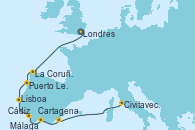 Visitando Londres (Reino Unido), La Coruña (Galicia/España), Puerto Leixões (Portugal), Lisboa (Portugal), Cádiz (España), Málaga, Cartagena (Murcia), Civitavecchia (Roma)