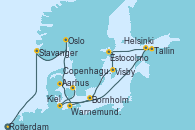 Visitando Rotterdam (Holanda), Stavanger (Noruega), Oslo (Noruega), Aarhus (Dinamarca), Warnemunde (Alemania), Tallin (Estonia), Helsinki (Finlandia), Estocolmo (Suecia), Visby (Suecia), Bornholm (Dinamarca), Kiel (Alemania), Copenhague (Dinamarca)