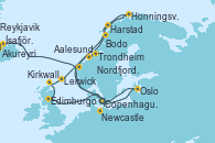 Visitando Copenhague (Dinamarca), Aalesund (Noruega), Trondheim (Noruega), Honningsvag (Noruega), Harstad (Noruega), Bodo (Noruega), Lerwick (Escocia), Kirkwall (Escocia), Edimburgo (Escocia), Newcastle (Reino Unido), Copenhague (Dinamarca), Oslo (Noruega), Nordfjordeid, Akureyri (Islandia), Ísafjörður (Islandia), Reykjavik (Islandia)
