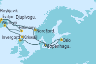 Visitando Copenhague (Dinamarca), Oslo (Noruega), Nordfjordeid, Akureyri (Islandia), Ísafjörður (Islandia), Reykjavik (Islandia), Heimaey (Islas Westmann/Islandia), Djupivogur (Islandia), Kirkwall (Escocia), Invergordon (Escocia), Copenhague (Dinamarca)
