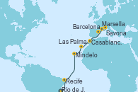Visitando Río de Janeiro (Brasil), Recife (Brasil), Mindelo (Cabo Verde), Las Palmas de Gran Canaria (España), Casablanca (Marruecos), Barcelona, Marsella (Francia), Savona (Italia)