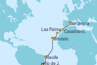 Visitando Río de Janeiro (Brasil), Recife (Brasil), Mindelo (Cabo Verde), Las Palmas de Gran Canaria (España), Casablanca (Marruecos), Barcelona