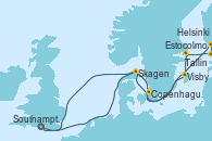 Visitando Southampton (Inglaterra), Copenhague (Dinamarca), Copenhague (Dinamarca), Helsinki (Finlandia), Tallin (Estonia), Estocolmo (Suecia), Visby (Suecia), Skagen (Dinamarca), Southampton (Inglaterra)