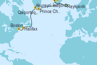 Visitando Reykjavik (Islandia), Reykjavik (Islandia), Ísafjörður (Islandia), Akureyri (Islandia), Prince Christian Sound (Groenlandia), Qaqortoq, Greeland, Halifax (Canadá), Boston (Massachusetts)