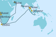 Visitando Dubai, Dubai, Muscat (Omán), Bombay (India), Cochin (India), Phuket (Tailandia), Penang (Malasia), Singapur, Singapur