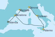 Visitando Valencia, Marsella (Francia), Génova (Italia), Civitavecchia (Roma), Palermo (Italia), Barcelona