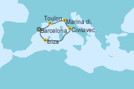Visitando Barcelona, Toulon (Francia), Marina di Carrara (Italia), Civitavecchia (Roma), Ibiza (España), Ibiza (España), Barcelona