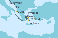 Visitando Atenas (Grecia), Santorini (Grecia), Bodrum (Turquia), Mykonos (Grecia), Mykonos (Grecia), Dubrovnik (Croacia), Kotor (Montenegro), Corfú (Grecia), Atenas (Grecia)