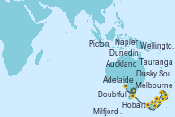 Visitando Melbourne (Australia), Adelaide (Australia), Hobart (Australia), Milfjord Sound (Nueva Zelanda), Doubtful Sound (Nueva Zelanda), Dusky Sound (Nueva Zelanda), Dunedin (Nueva Zelanda), Wellington (Nueva Zelanda), Picton (Australia), Napier (Nueva Zelanda), Tauranga (Nueva Zelanda), Auckland (Nueva Zelanda)