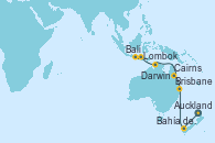 Visitando Auckland (Nueva Zelanda), Bahía de las Islas (Nueva Zelanda), Brisbane (Australia), Cairns (Australia), Cairns (Australia), Darwin (Australia), Lombok (Indonesia), Bali (Indonesia)