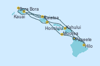 Visitando Papeete (Tahití), Moorea (Tahití), Raiatea (Polinesia Francesa), Bora Bora (Polinesia), Hilo (Hawai), Kahului (Hawai/EEUU), Kauai (Hawai), Kauai (Hawai), Honolulu (Hawai), Honolulu (Hawai)