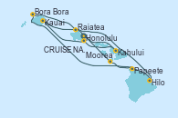 Visitando Honolulu (Hawai), Kahului (Hawai/EEUU), CRUISE NAPALI COAST, AT SEA, Kauai (Hawai), Kauai (Hawai), Hilo (Hawai), Bora Bora (Polinesia), Raiatea (Polinesia Francesa), Moorea (Tahití), Papeete (Tahití)