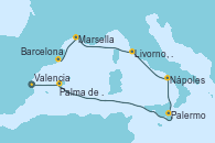 Visitando Valencia, Palma de Mallorca (España), Palermo (Italia), Nápoles (Italia), Livorno, Pisa y Florencia (Italia), Marsella (Francia), Barcelona