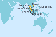 Visitando Port Klang (Malasia), Langkawi (Malasia), Phuket (Tailandia), Phuket (Tailandia), Penang (Malasia), Singapur, Singapur, Ciudad Ho Chi Minh (Vietnam), Ciudad Ho Chi Minh (Vietnam), Laem Chabang (Bangkok/Thailandia)