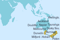 Visitando Auckland (Nueva Zelanda), Tauranga (Nueva Zelanda), Napier (Nueva Zelanda), Picton (Australia), Wellington (Nueva Zelanda), Dunedin (Nueva Zelanda), Milfjord Sound (Nueva Zelanda), Doubtful Sound (Nueva Zelanda), Dusky Sound (Nueva Zelanda), Hobart (Australia), Burnie (Tasmania/Australia), Melbourne (Australia)