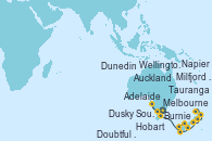 Visitando Melbourne (Australia), Adelaide (Australia), Burnie (Tasmania/Australia), Hobart (Australia), Dusky Sound (Nueva Zelanda), Doubtful Sound (Nueva Zelanda), Milfjord Sound (Nueva Zelanda), Dunedin (Nueva Zelanda), Wellington (Nueva Zelanda), Napier (Nueva Zelanda), Tauranga (Nueva Zelanda), Auckland (Nueva Zelanda)