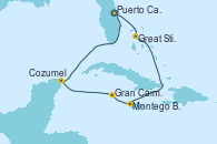 Visitando Puerto Cañaveral (Florida), Great Stirrup Cay (Bahamas), Montego Bay (Jamaica), Gran Caimán (Islas Caimán), Cozumel (México), Puerto Cañaveral (Florida)