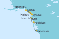 Visitando Vancouver (Canadá), Ketchikan (Alaska), Sitka (Alaska), Hubbard Glacier, Alaska, Inian Islands (Alaska/Usa), Icy Strait Point (Alaska), Haines (Alaska), Juneau (Alaska)