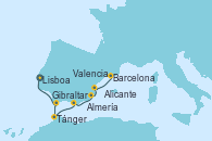 Visitando Lisboa (Portugal), Gibraltar (Inglaterra), Tánger (Marruecos), Almería (España), Alicante (España), Valencia, Barcelona