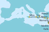 Visitando Haifa (Israel), Ashdod (Israel), Antalya (Turquía), Marmaris (Turquía), Cos (Grecia), Milos (Grecia), Atenas (Grecia)