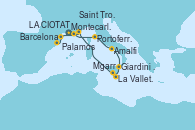 Visitando Montecarlo (Mónaco), Portoferraio (Italia), Amalfi (Italia), Giardini Naxos (Italia), Mgarr (Malta), La Valletta (Malta), La Valletta (Malta), Saint Tropez (Francia), LA CIOTAT, Palamos (Gerona/España), Barcelona