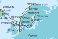 Visitando Dover (Inglaterra), Invergordon (Escocia), Lerwick (Escocia), Djupivogur (Islandia), Heimaey (Islas Westmann/Islandia), Reykjavik (Islandia), Ísafjörður (Islandia), Akureyri (Islandia), Vopnafjorour (Islandia), Kirkwall (Escocia), Dover (Inglaterra), Trondheim (Noruega), Brønnøysund (Noruega), Svolvaer (Lofoten/Noruega), Tromso (Noruega), Honningsvag (Noruega), Olden (Noruega), Bergen (Noruega), Rotterdam (Holanda), Dover (Inglaterra)