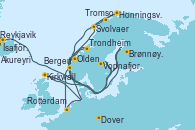 Visitando Reykjavik (Islandia), Ísafjörður (Islandia), Akureyri (Islandia), Vopnafjorour (Islandia), Kirkwall (Escocia), Dover (Inglaterra), Trondheim (Noruega), Brønnøysund (Noruega), Svolvaer (Lofoten/Noruega), Tromso (Noruega), Honningsvag (Noruega), Olden (Noruega), Bergen (Noruega), Rotterdam (Holanda), Dover (Inglaterra)