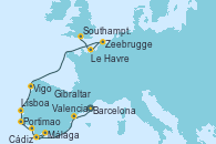 Visitando Barcelona, Valencia, Gibraltar (Inglaterra), Málaga, Cádiz (España), Portimao (Portugal), Lisboa (Portugal), Vigo (España), Zeebrugge (Bruselas), Le Havre (Francia), Southampton (Inglaterra)