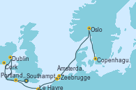 Visitando Southampton (Inglaterra), Dublin (Irlanda), Cork (Irlanda), Portland, Dorset (Reino Unido), Le Havre (Francia), Zeebrugge (Bruselas), Ámsterdam (Holanda), Oslo (Noruega), Copenhague (Dinamarca)