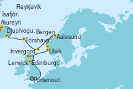 Visitando Portsmouth (Inglaterra), Edimburgo (Escocia), Invergordon (Escocia), Ulvik (Noruega), Bergen (Noruega), Aalesund (Noruega), Lerwick (Escocia), Tórshavn (Dinamarca), Djupivogur (Islandia), Akureyri (Islandia), Ísafjörður (Islandia), Reykjavik (Islandia)