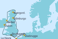 Visitando Southampton (Inglaterra), Edimburgo (Escocia), Invergordon (Escocia), Belfast (Irlanda), Dublin (Irlanda), Zeebrugge (Bruselas), Le Havre (Francia), Southampton (Inglaterra)