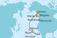 Visitando Vancouver (Canadá), Ketchikan (Alaska), Juneau (Alaska), Skagway (Alaska), Glaciar Bay (Alaska), Kahului (Hawai/EEUU), Hilo (Hawai), Kauai (Hawai), Kauai (Hawai), Honolulu (Hawai), Honolulu (Hawai)