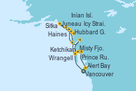 Visitando Vancouver (Canadá), Ketchikan (Alaska), Sitka (Alaska), Hubbard Glacier, Alaska, Inian Islands (Alaska/Usa), Icy Strait Point (Alaska), Haines (Alaska), Juneau (Alaska), Wrangell (Alaska), Misty Fjords (CRUCERO), Prince Rupert (Canadá), Alert Bay (Canada), Vancouver (Canadá)