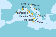 Visitando Barcelona, Cannes (Francia), Livorno, Pisa y Florencia (Italia), Civitavecchia (Roma), Nápoles (Italia), Messina (Sicilia), La Valletta (Malta), Corfú (Grecia), Split (Croacia), Trieste (Italia)