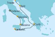 Visitando Civitavecchia (Roma), Nápoles (Italia), Messina (Sicilia), La Valletta (Malta), Corfú (Grecia), Split (Croacia), Trieste (Italia)
