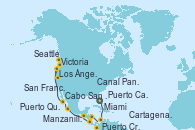 Visitando Miami (Florida/EEUU), Cartagena de Indias (Colombia), Canal Panamá, Puerto Cristóbal (Panamá), Puerto Cristóbal (Panamá), Puerto Caldera (Costa Rica), Puerto Quetzal (Guatemala), Manzanillo (México), Cabo San Lucas (México), Los Ángeles (California), San Francisco (California/EEUU), San Francisco (California/EEUU), Victoria (Canadá), Seattle (Washington/EEUU)