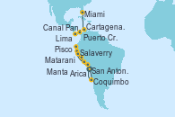 Visitando San Antonio (Chile), Coquimbo (Chile), Arica (Chile), Matarani (Perú), Pisco (Perú), Lima (Callao/Perú), Salaverry (Perú), Manta (Ecuador), Puerto Cristóbal (Panamá), Canal Panamá, Cartagena de Indias (Colombia), Miami (Florida/EEUU)
