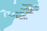 Visitando Nueva York (Estados Unidos), Oak Bluffs Marina (EEUU), Boston (Massachusetts), Halifax (Canadá), Halifax (Canadá), Charlottetown (Canadá), Saguenay (Canadá), Quebec (Canadá), Trois Rivieres (Canada), Montreal (Canadá)