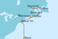 Visitando Montreal (Canadá), Quebec (Canadá), Saguenay (Canadá), Halifax (Canadá), Shelburne (Nueva Escocia), Nueva York (Estados Unidos), Nueva York (Estados Unidos), Miami (Florida/EEUU)