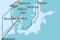 Visitando Rotterdam (Holanda), Oslo (Noruega), Kristiansand (Noruega), Stavanger (Noruega), Skjolden (Noruega), Rotterdam (Holanda), Eidfjord (Hardangerfjord/Noruega), Aalesund (Noruega), Geiranger (Noruega), Bergen (Noruega), Rotterdam (Holanda)