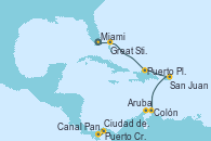 Visitando Miami (Florida/EEUU), Great Stirrup Cay (Bahamas), Puerto Plata, Republica Dominicana, San Juan (Puerto Rico), Colón, Aruba (Antillas), Canal Panamá, Puerto Cristóbal (Panamá), Ciudad de Panamá (Panamá)