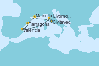 Visitando Civitavecchia (Roma), Marsella (Francia), Tarragona (España), Valencia, Livorno, Pisa y Florencia (Italia), Civitavecchia (Roma)
