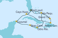 Visitando Fort Lauderdale (Florida/EEUU), Cozumel (México), Gran Caimán (Islas Caimán), Ocho Ríos (Jamaica), Isla Pequeña (San Salvador/Bahamas), Fort Lauderdale (Florida/EEUU), Isla Pequeña (San Salvador/Bahamas), Grand Turks(Turks & Caicos), Amber Cove (República Dominicana), Cayo Hueso (Key West/Florida), Fort Lauderdale (Florida/EEUU)