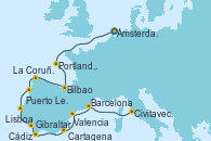 Visitando Ámsterdam (Holanda), Portland, Dorset (Reino Unido), Bilbao (España), La Coruña (Galicia/España), Puerto Leixões (Portugal), Lisboa (Portugal), Cádiz (España), Gibraltar (Inglaterra), Cartagena (Murcia), Valencia, Barcelona, Civitavecchia (Roma)